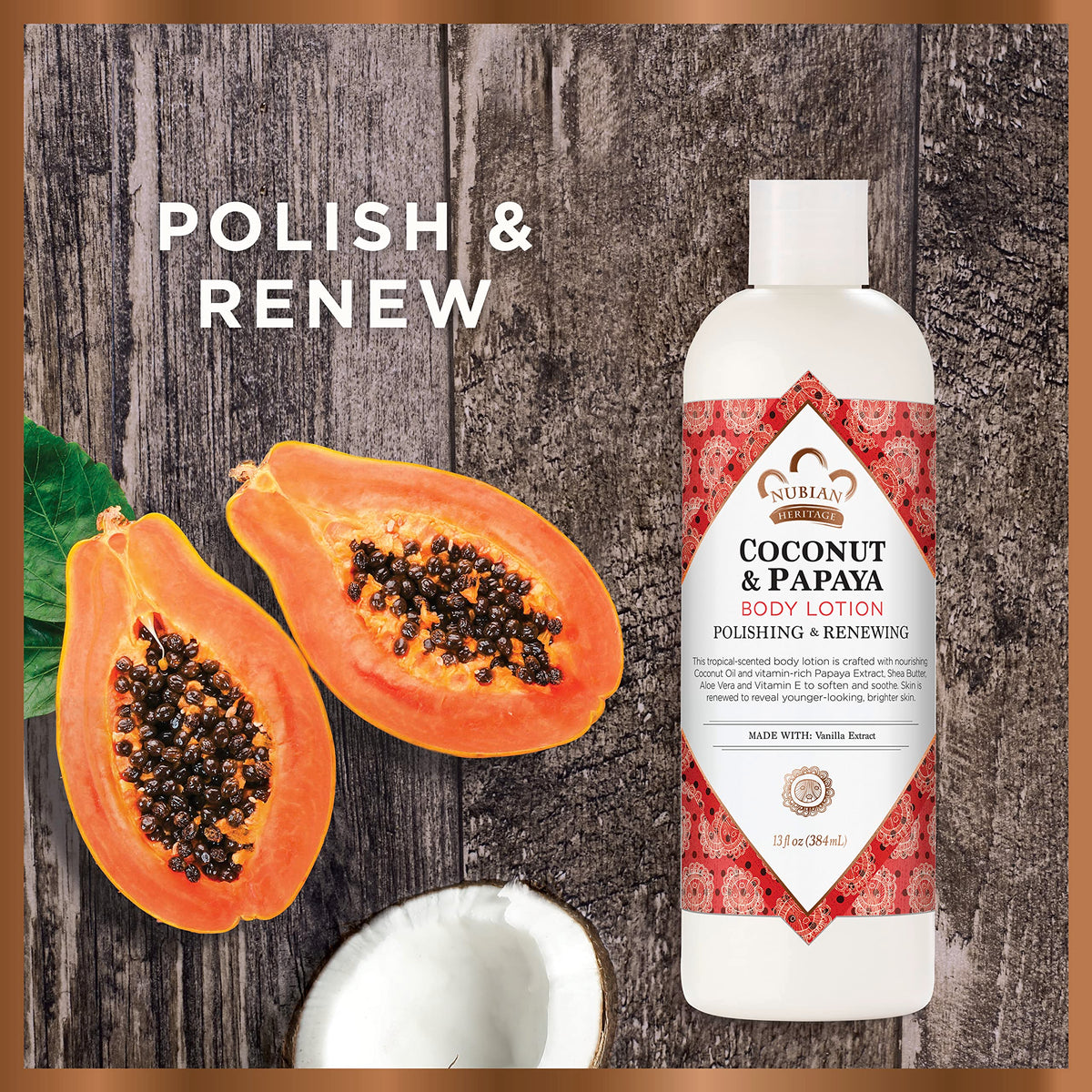 Nubian Heritage coconut and papaya ingredients close-up highlighting nourishment