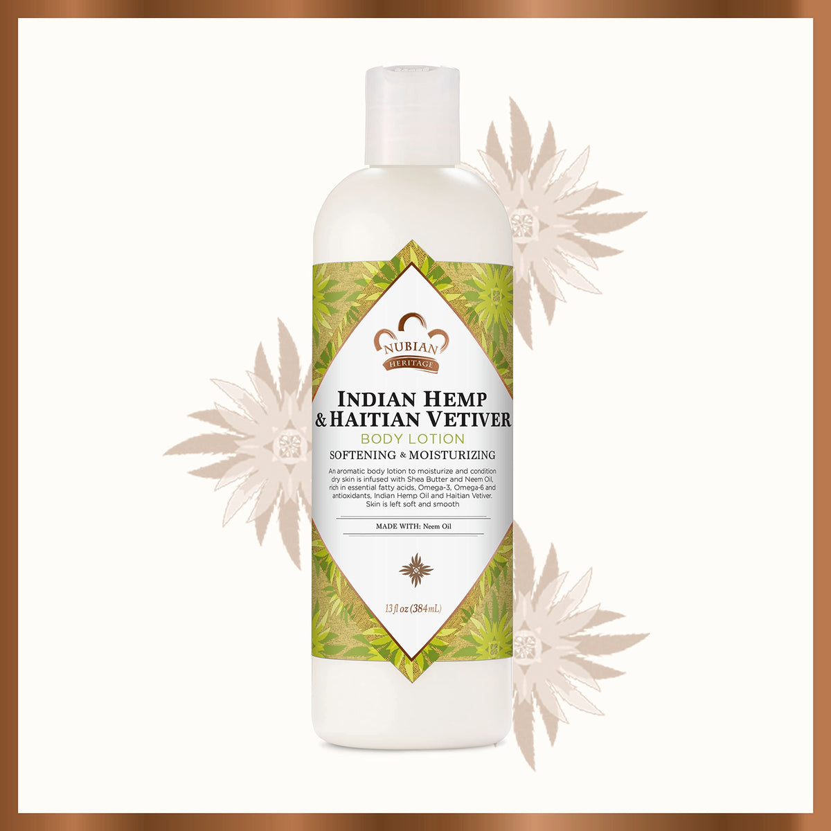 Nubian Heritage bottle on bathroom shelf evoking calming daily ritual