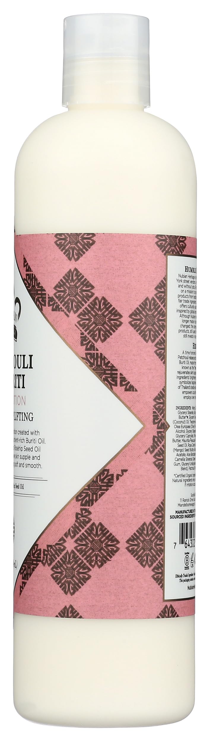 Nubian Heritage bottle next to ruler showing 13 fl oz scale benefit
