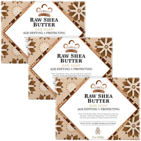 Nubian Heritage front packaging showing three shea butter bars and product labeling, nourishing clean