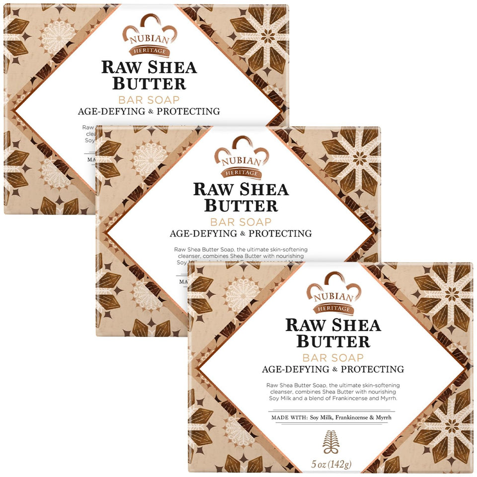Nubian Heritage front packaging showing three shea butter bars and product labeling, nourishing clean