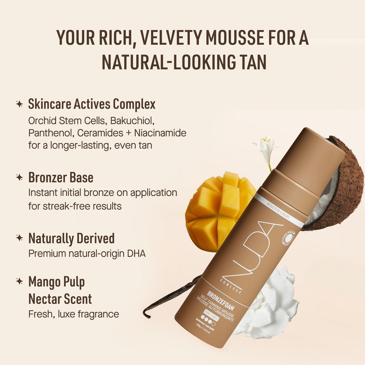 Applying Nuda BronzeFoam with a tanning mitt to show streak-free blending and even coverage