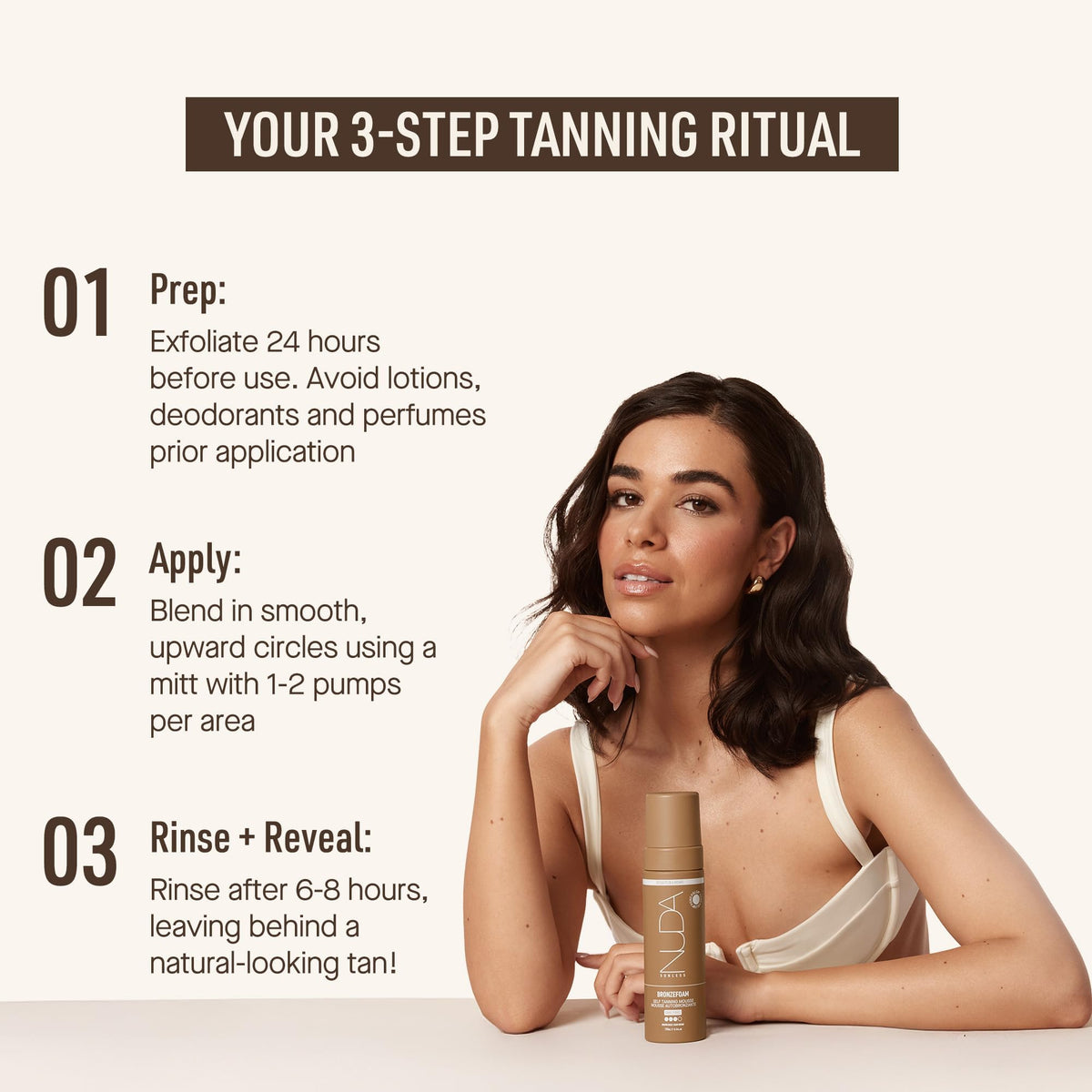 Nuda mousse application with tanning mitt demonstrating streak-free, even coverage