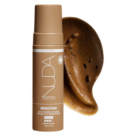 Nuda BronzeFoam front packaging showing 6.4 fl oz bottle and branding, clear product benefit
