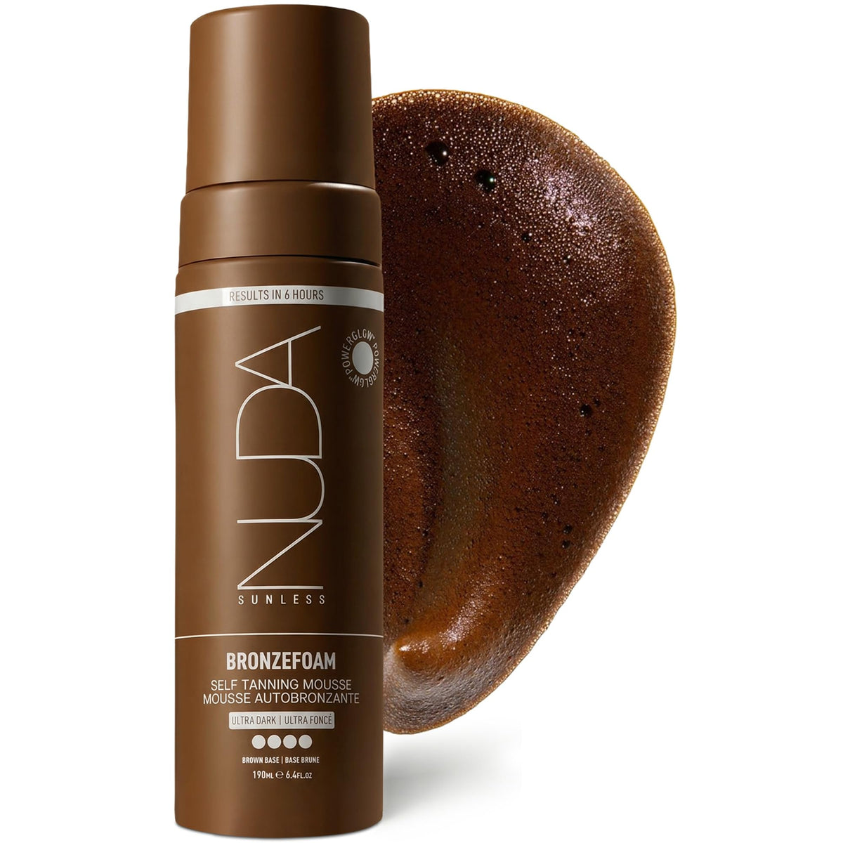Nuda BronzeFoam front packaging showing bottle and cap benefiting clear identification
