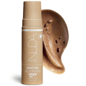 Nuda front packaging of BronzeFoam mousse showing size and branding, easy storage benefit