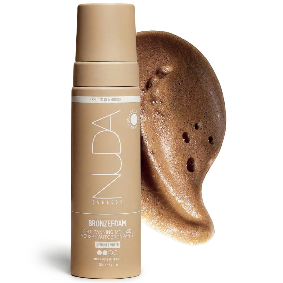 Nuda front packaging of BronzeFoam mousse showing size and branding, easy storage benefit