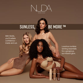 Nuda BronzeFoam in a beach bag lifestyle scene signaling travel-ready, confidence-boosting glow