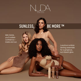 Nuda BronzeFoam in a beach bag lifestyle shot suggesting sunless glow convenience