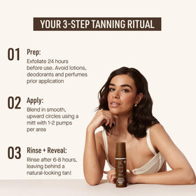 Nuda BronzeFoam bottle in hand showing size and travel-friendly volume benefit