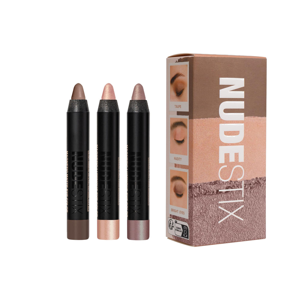Nudestix front packaging showing mini kit and included sharpener for travel convenience