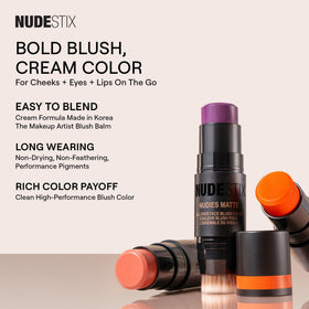 Nudestix nudies lip swatch showing sunkissed pink tint and wearable color benefit