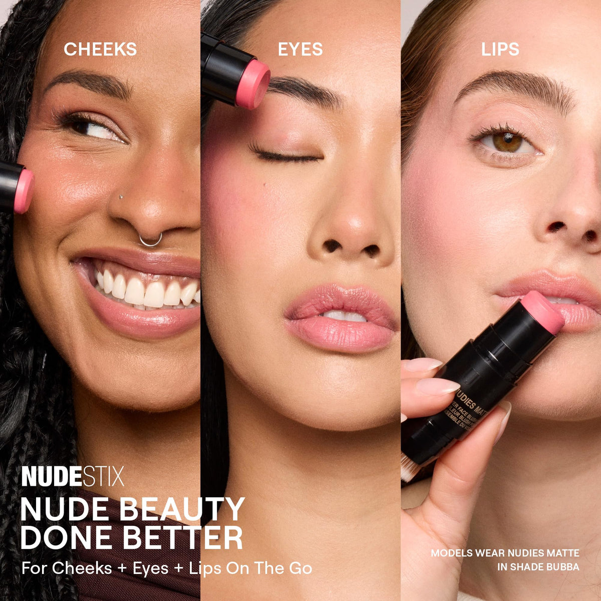 Nudestix recyclable tin open to reveal stick and brush emphasizing sustainability