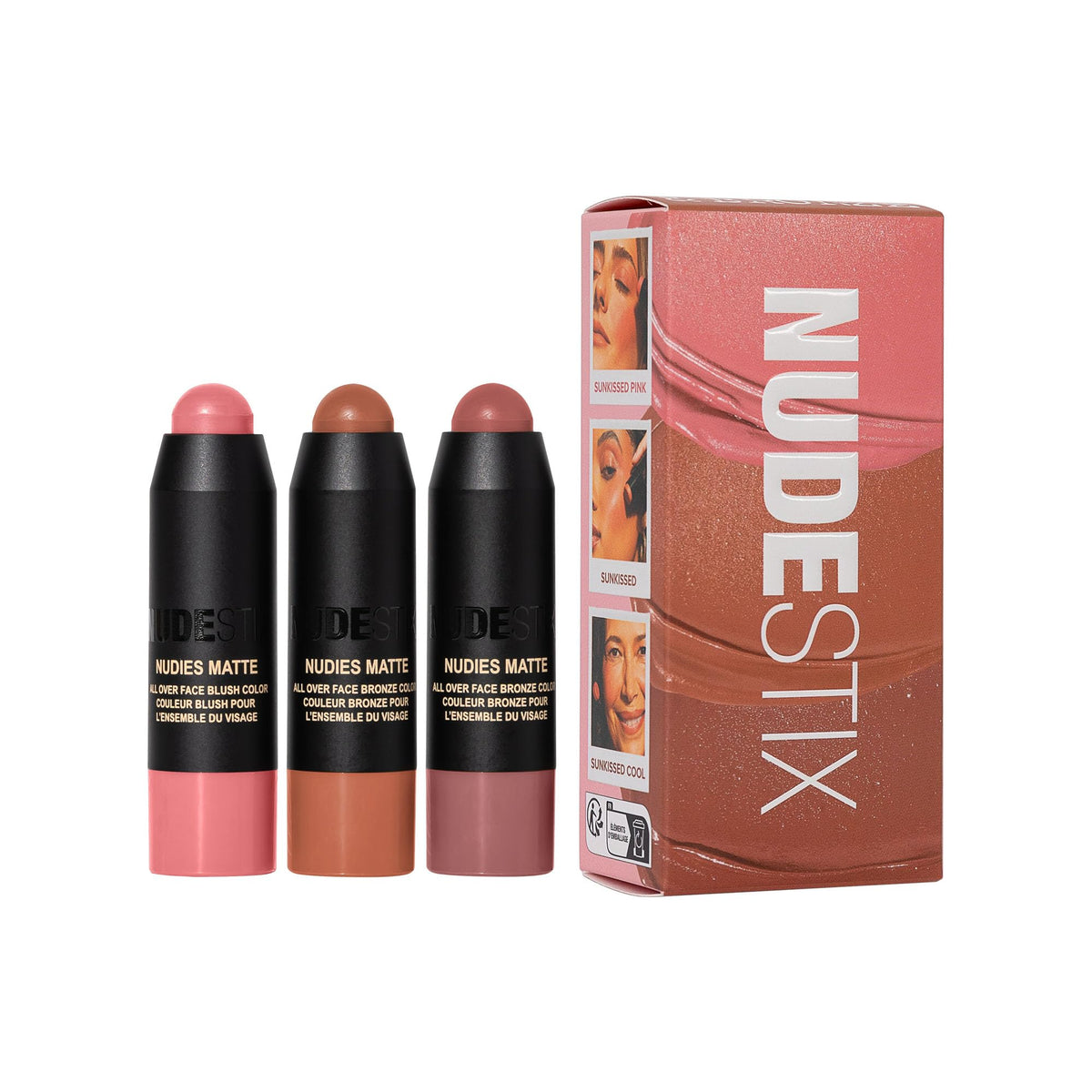 Nudestix kit front packaging shows three mini sticks and tin for easy travel