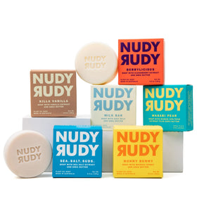 Nudy Rudy front packaging showing six soap pucks and gift-ready appeal
