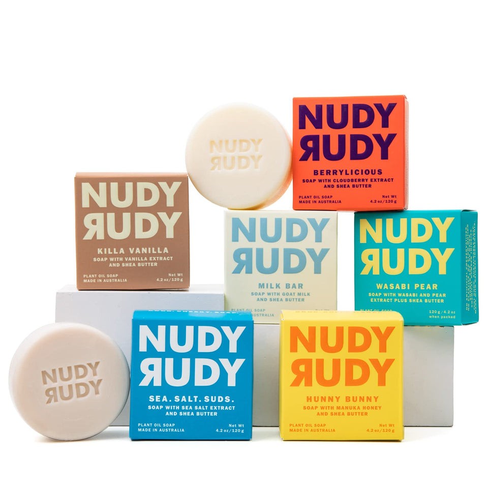 Nudy Rudy front packaging showing six soap pucks and gift-ready appeal
