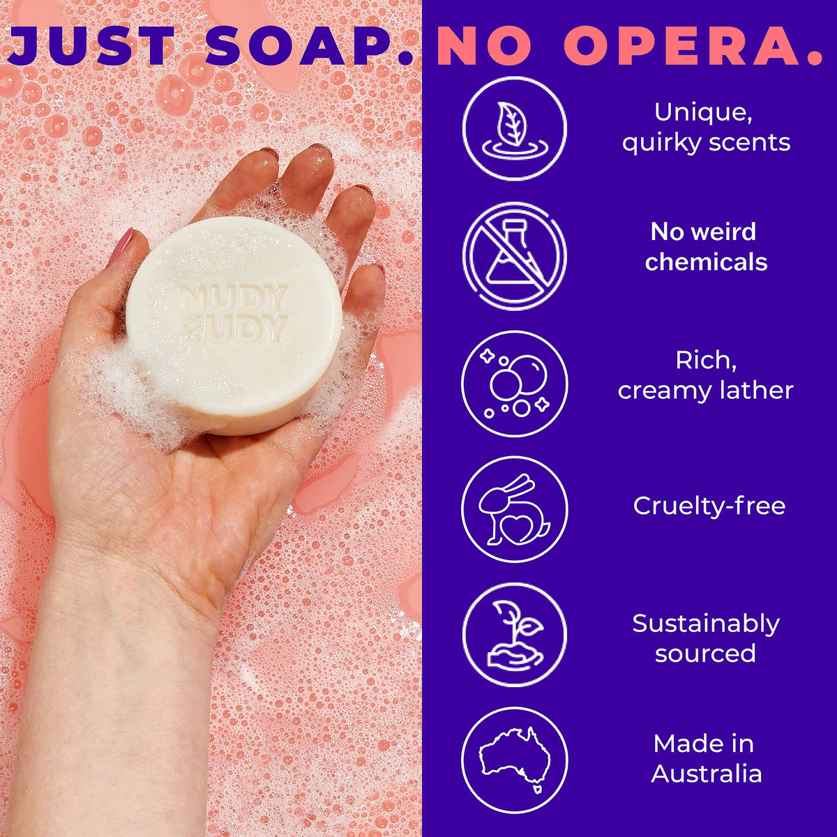 Nudy Rudy six soap pucks arranged to show variety and convenient sampling
