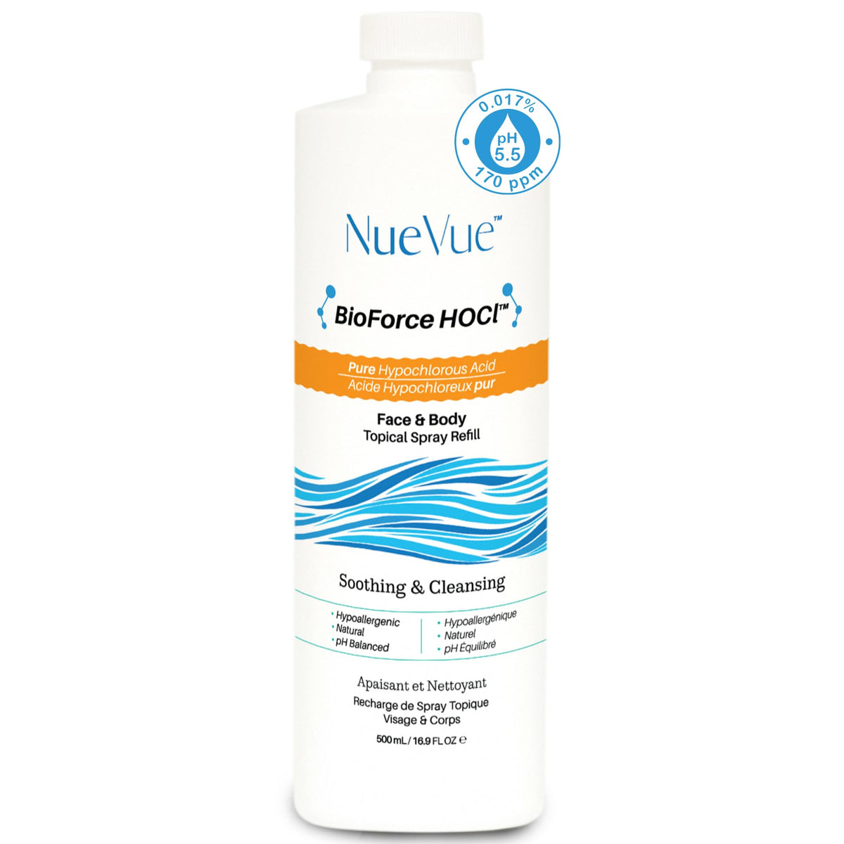 NueVue front label showing product benefits and refill size
