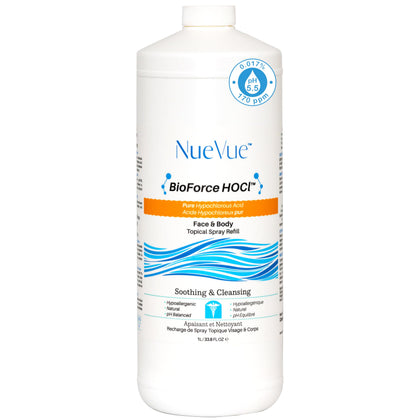 NueVue front label of 1L HOCl refill showing product identity and benefits