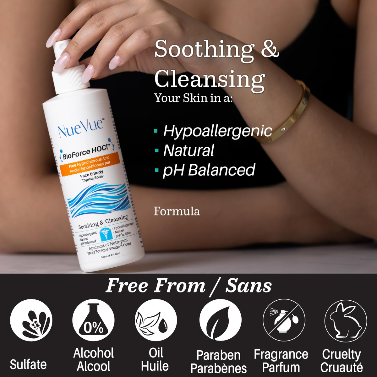 NueVue ingredient label highlighting simple electrolyzed formula