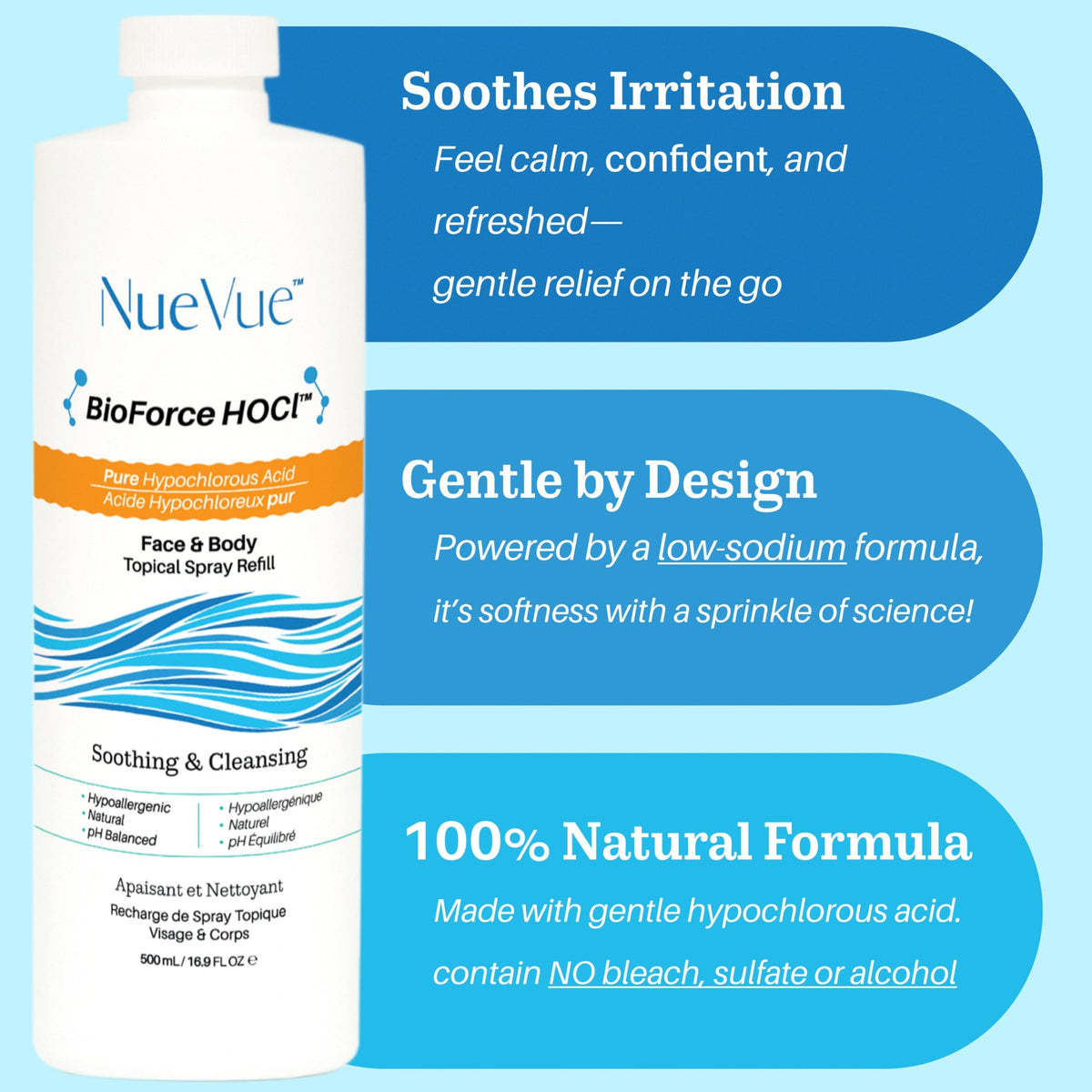 NueVue spray mist close-up demonstrating fine, soothing delivery