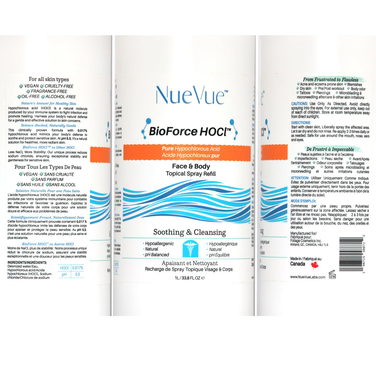 NueVue product still life on neutral background emphasizing clean formulation