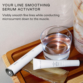 NuFACE FIX Serum on bathroom vanity suggesting daily microcurrent routine