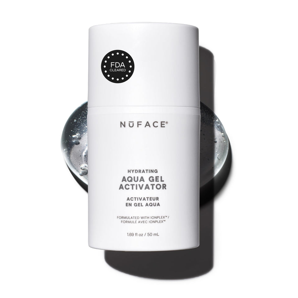 NuFACE product front packaging showing bottle and label benefits