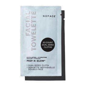 NuFACE front packaging showing 20 individually wrapped glow wipes and benefits
