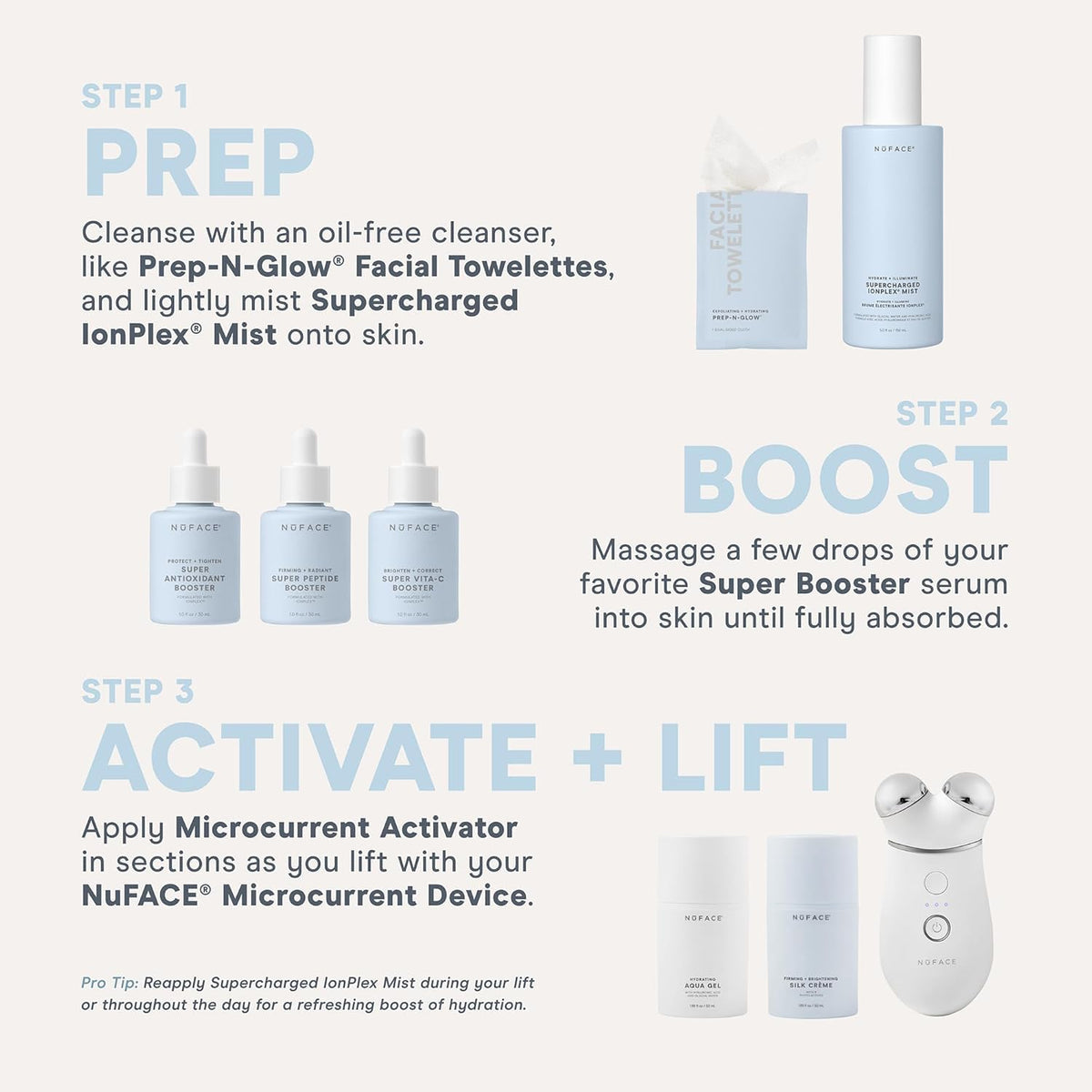 NuFACE ingredients close-up with peony and glacial water showing botanical and hydrating benefits