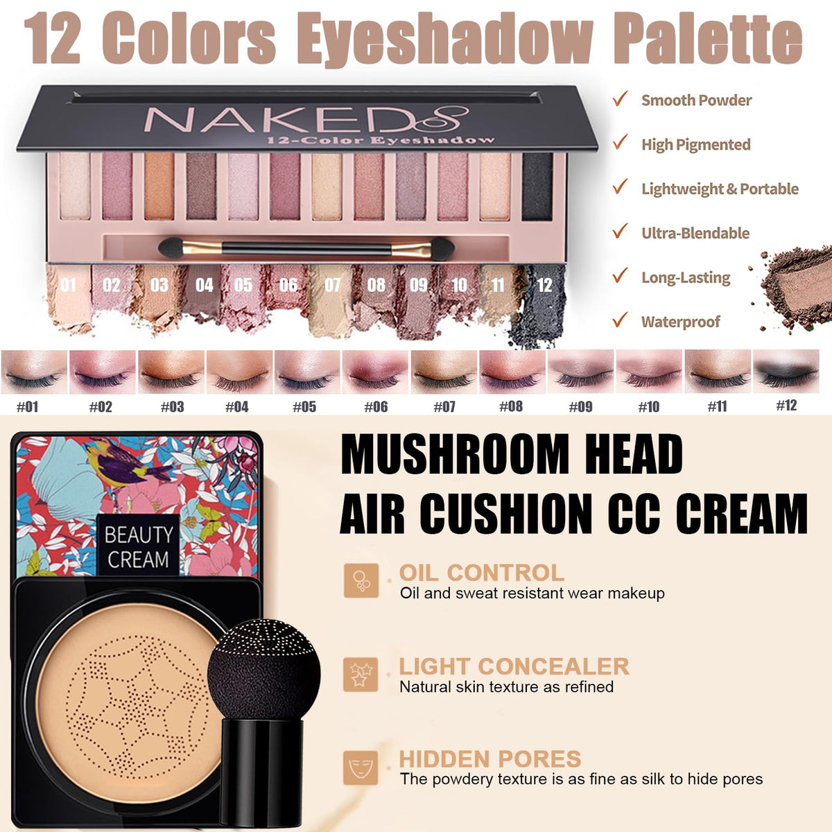 NUIBO eyeshadow palette open displaying 12 shades for versatile looks