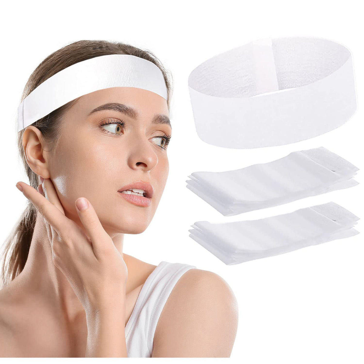 Nujzuir front packaging showing 100 disposable facial headbands and product benefit of bulk supply