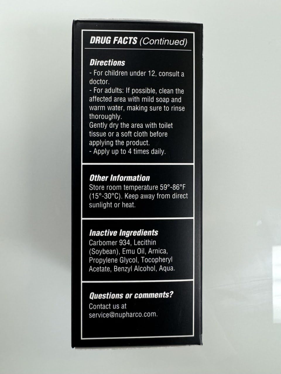 Nupharmco active ingredients panel showing lidocaine menthol arnica benefits