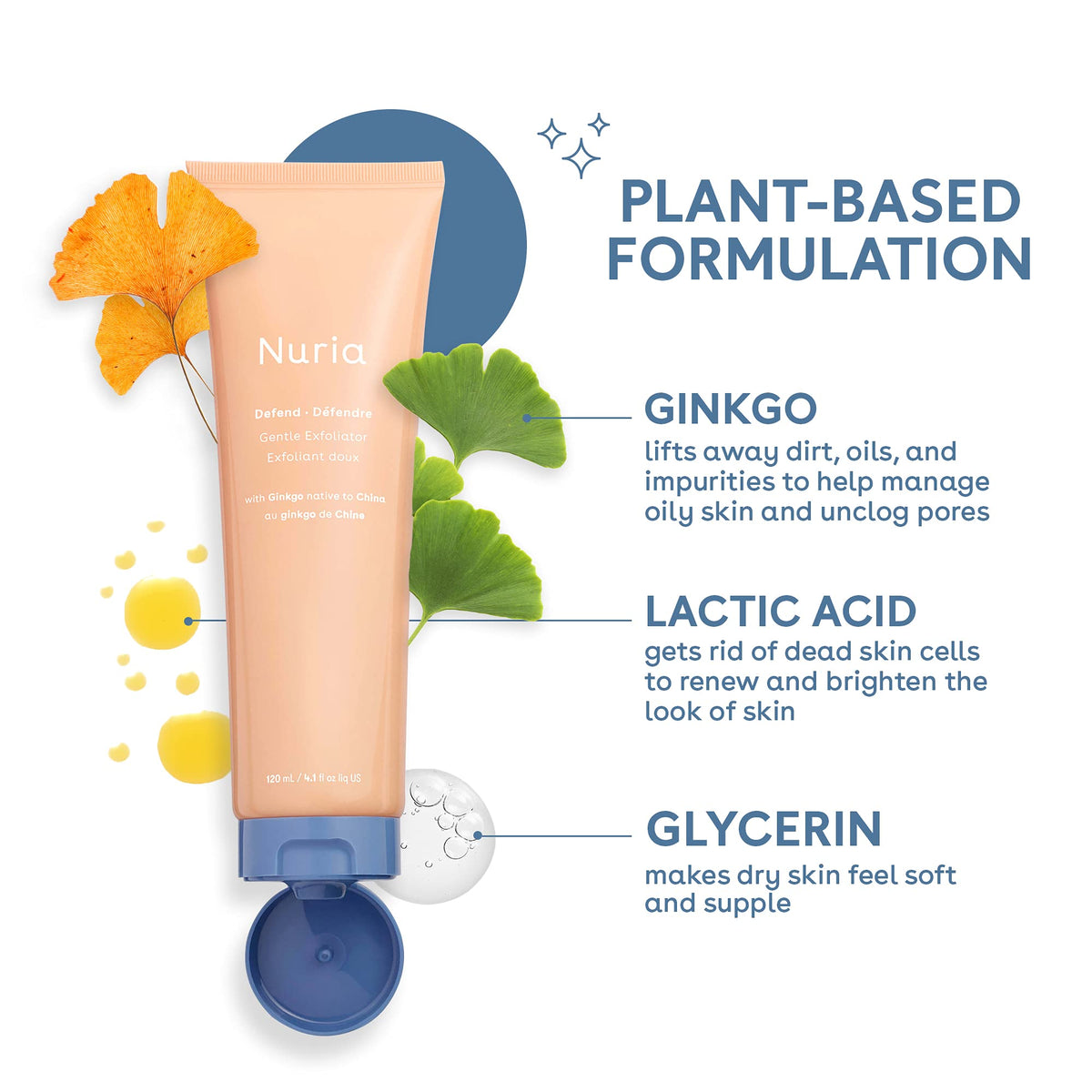 Nuria ginkgo leaf and fruit imagery highlighting natural extracts for smoothing and clarity benefit