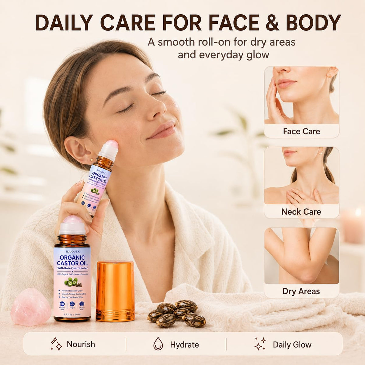 NUROOT applying roll-on to brow edge for precise brow conditioning benefit