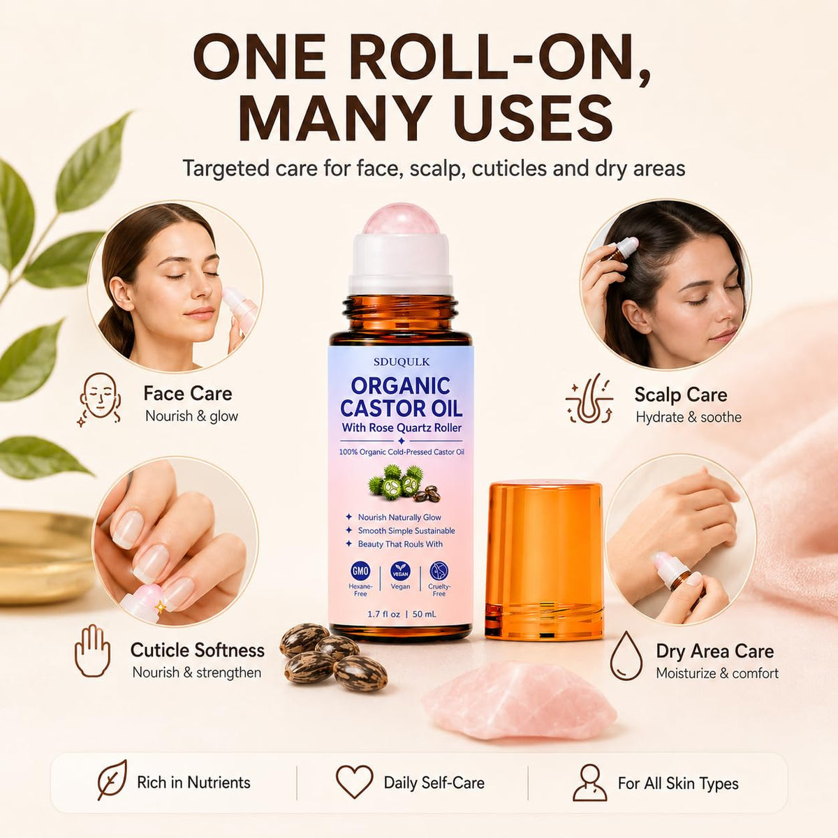 NUROOT applying roll-on to cuticle to soften and smooth benefit