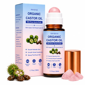 NUROOT front packaging showing amber bottle and rose quartz roller, tidy application benefit
