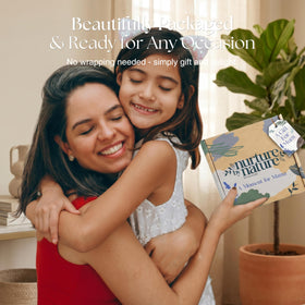 Nurture by Nature products beside a hand for scale indicating generous full sizes