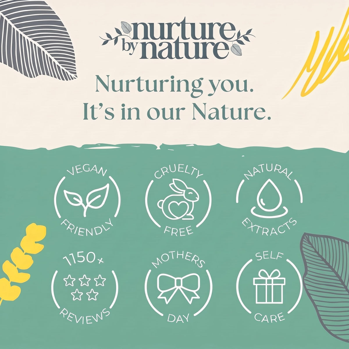 Nurture by Nature products next to a hand showing full-size scale and value benefit