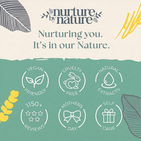 Nurture by Nature products next to a hand showing full-size scale and value benefit