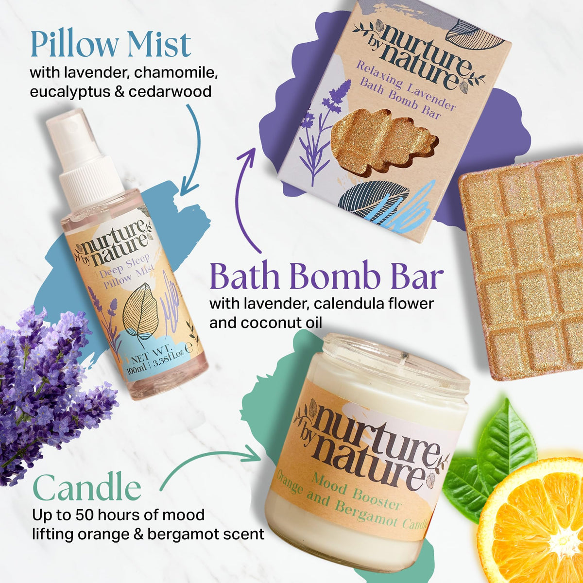 Nurture by Nature soy candle lit creating calming atmosphere and ambiance