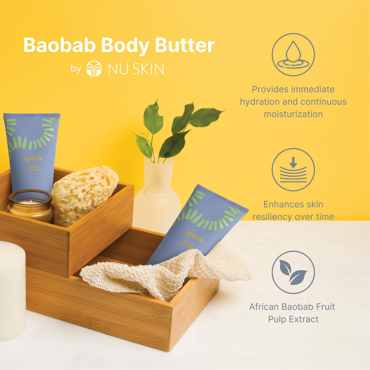 Nu Skin close-up scoop of Baobab body butter showing thick texture for targeted conditioning