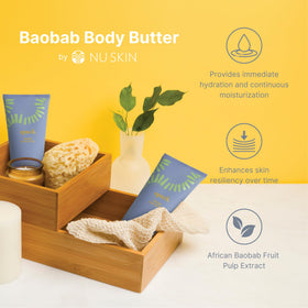 Nu Skin close-up scoop of Baobab body butter showing thick texture for targeted conditioning