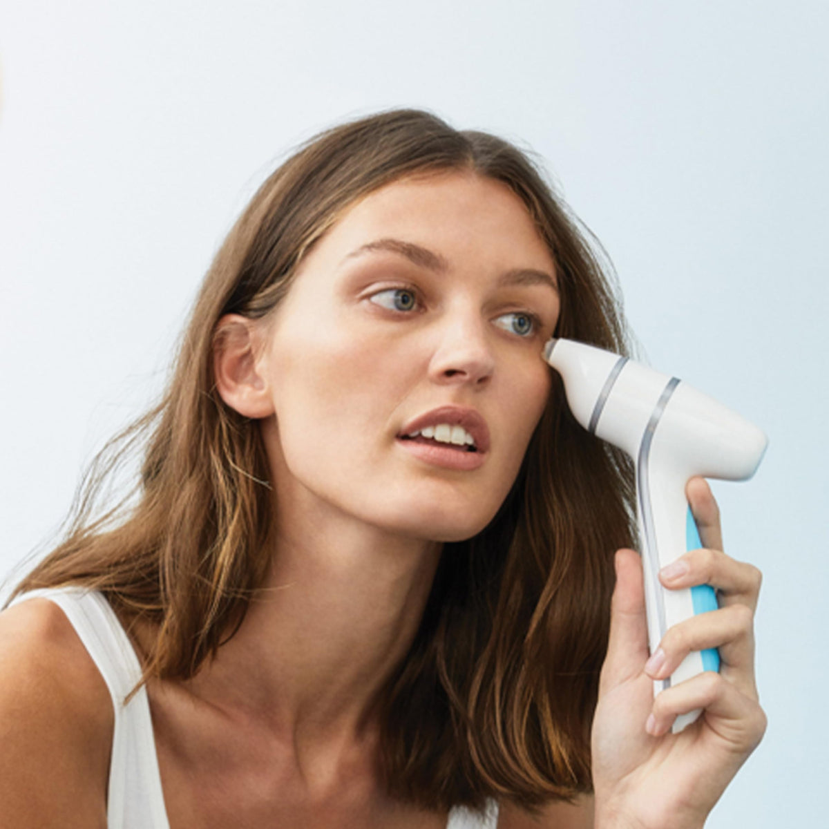 Nu Skin IdealEyes on bathroom vanity in lifestyle shot conveying daily routine benefit