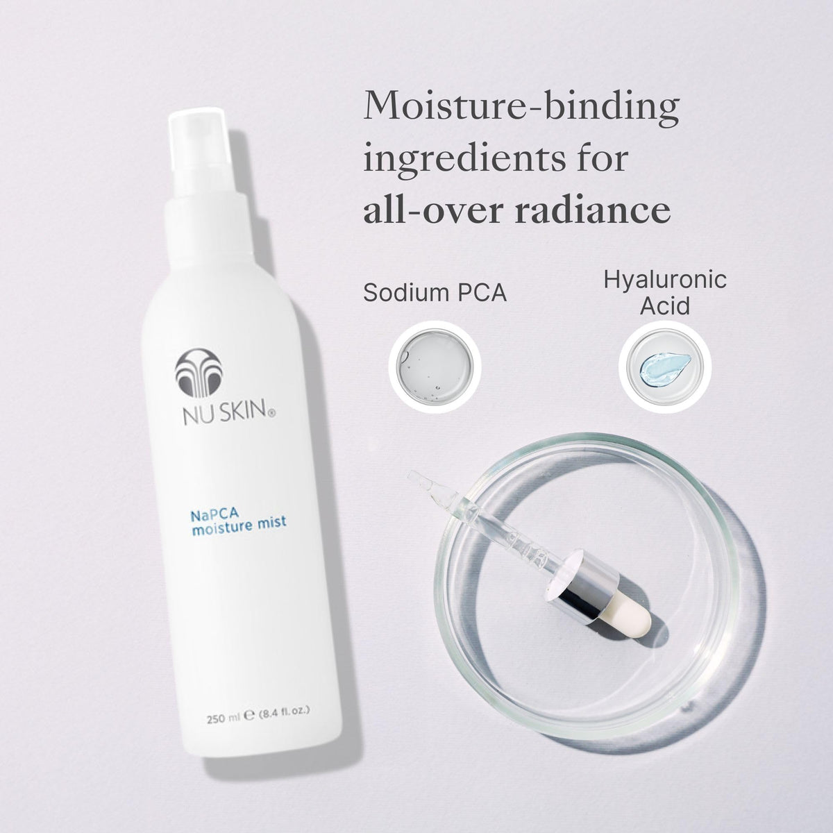 Nu Skin bottle in hand to show 8.4 fl oz size and portable everyday use
