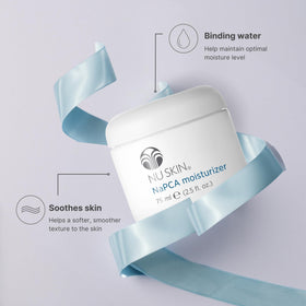 Nu Skin ingredient label close-up highlighting sodium PCA, hyaluronate and vitamin E benefits