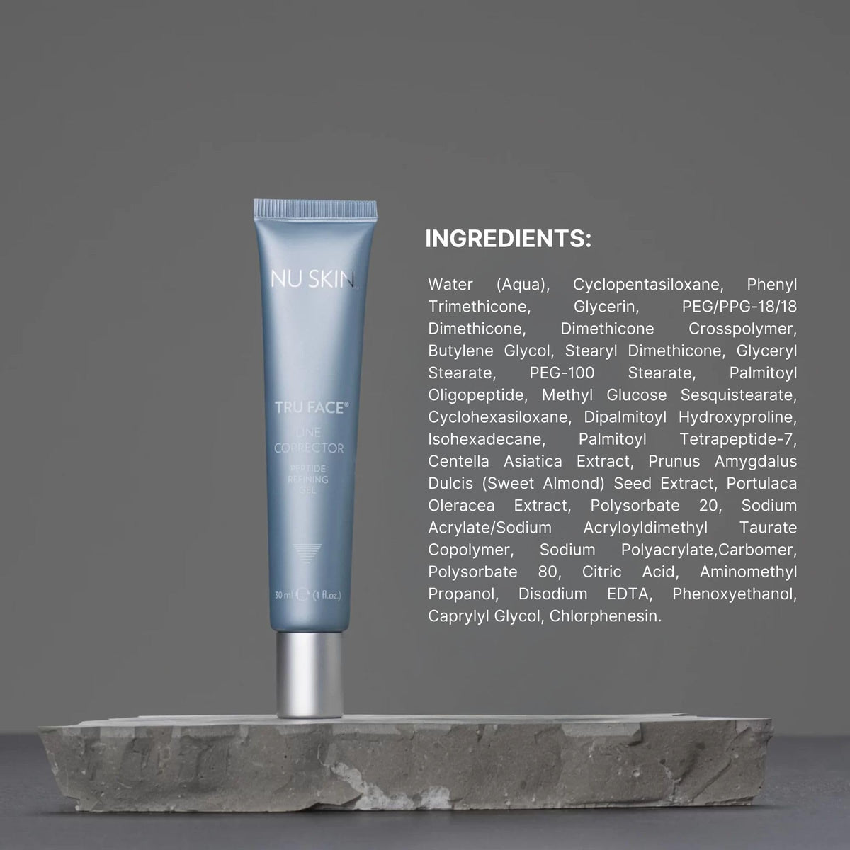 Nu Skin label close-up showing peptide ingredients for skin-smoothing benefit