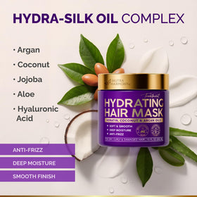 NUTRAHARMONY label close-up listing keratin, collagen and natural oils benefits