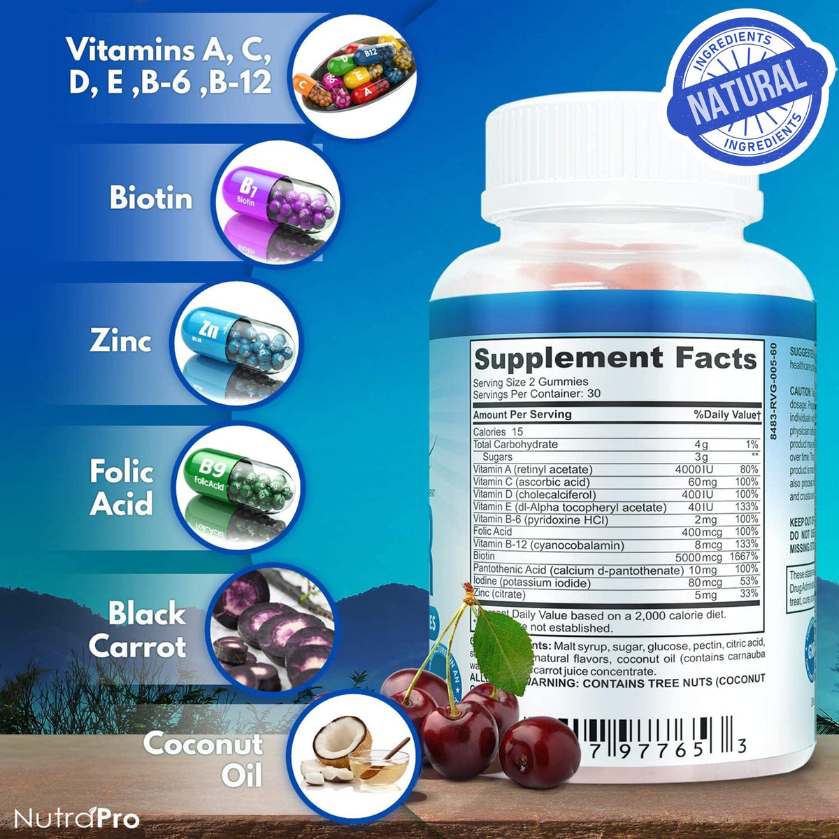 NutraPro gummies beside fresh cherries highlighting flavor