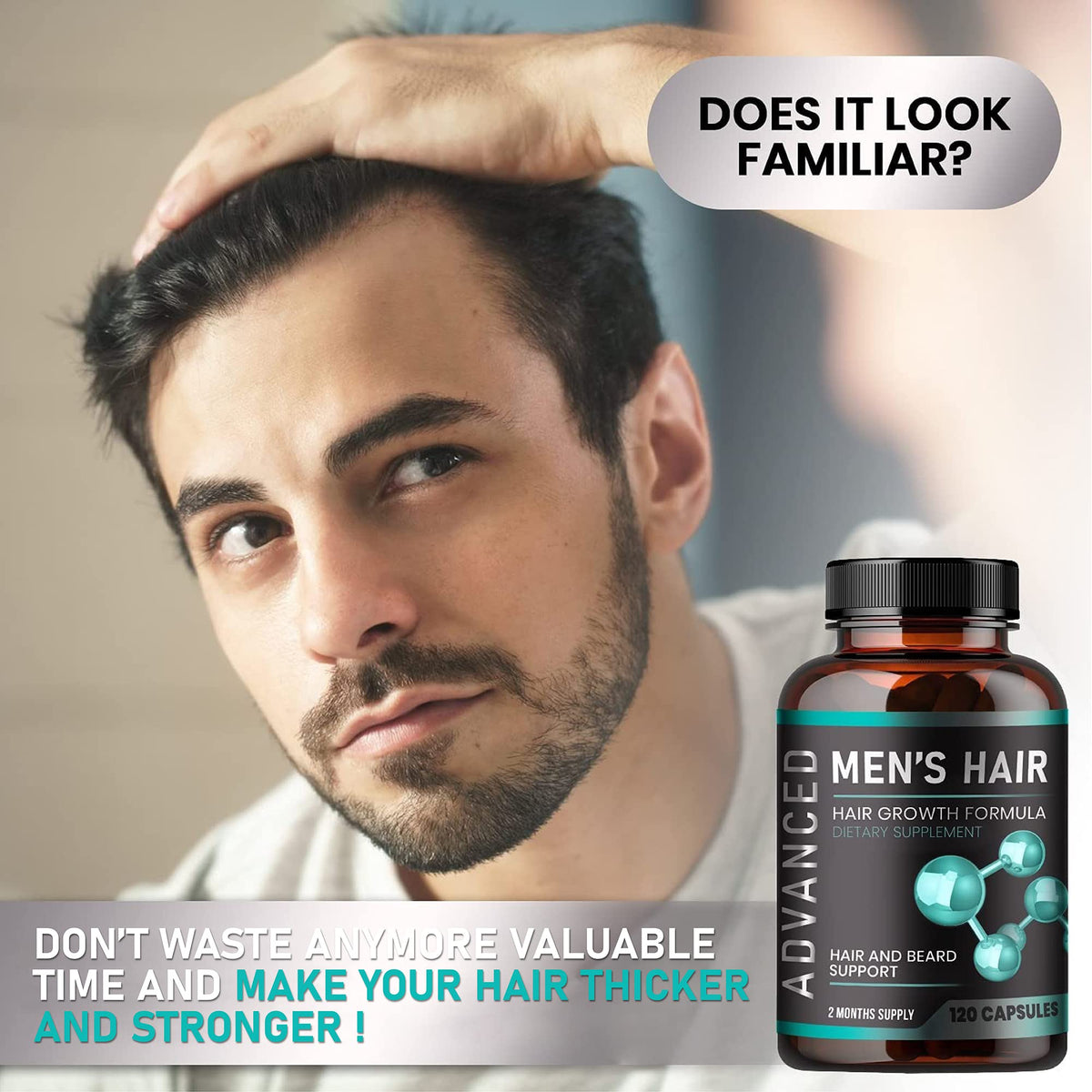 NutraPro used in grooming routine on man, demonstrating beard and scalp support
